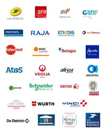 Logos des références Maileva : La Poste, SFR, Manpower, GRDF, Rexel, RAJA, Enedis, Air Total, Edenred, DIAC Location, Butagaz, Axxès, Atos, Veolia, Afnor, Socotec, Apave, Schneider Electric, Xerox, Bureau Veritas, Saint-Gobain, Würth, Vinci Autoroutes, De Dietrich, Sénat, La Banque Postale