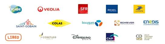 Logos des entreprises ayant choisi Maileva comme future Plateforme Agréée : Icade, Veolia, SFR, Rexel, La Poste, Saint-Gobain, Colas, Bouygues, Schiever, Enedis, Libeo, Compass Group, Disneyland Paris, CNP Assurances, Covéa